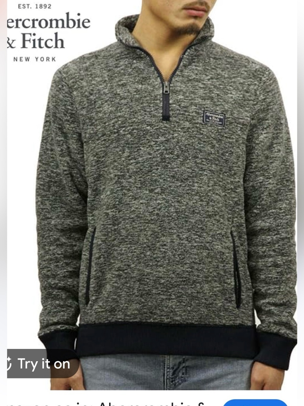 Abercrombie & Fitch Men's Heather Gray Half-Zip Sweater with Navy Trim